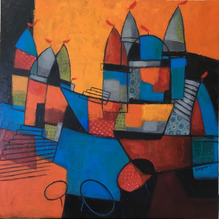 Banaras 02 - Urban: Paintings/Landscapes: Mixed media on canvas, 30"×30", USD 900