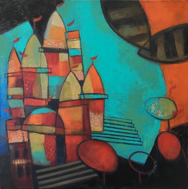 Banaras 03 - Urban: Paintings/Landscapes: Mixed media on canvas, 30"×30", USD 900